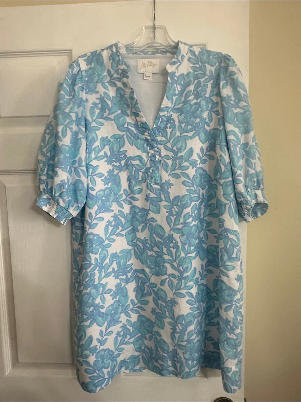 Lilly Pulitzer White and Aqua Floral Puff-Sleeve Midi Dress